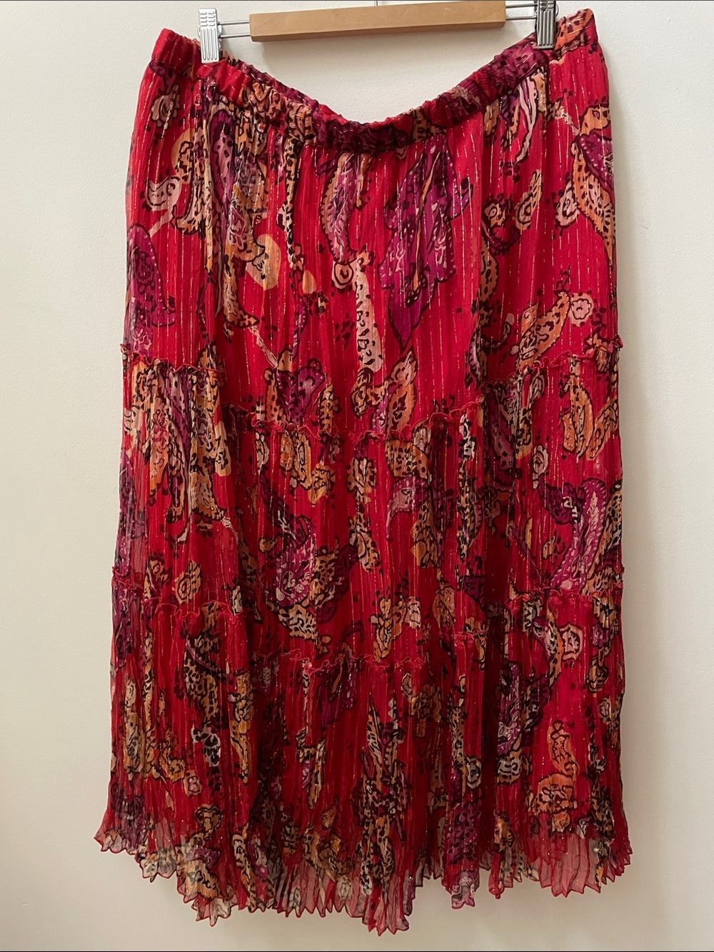 Silk Red Paisley Print Crinkle Tiered Midi Skirt with metallic gold